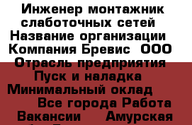 Инженер-монтажник слаботочных сетей › Название организации ­ Компания Бревис, ООО › Отрасль предприятия ­ Пуск и наладка › Минимальный оклад ­ 30 000 - Все города Работа » Вакансии   . Амурская обл.,Благовещенск г.